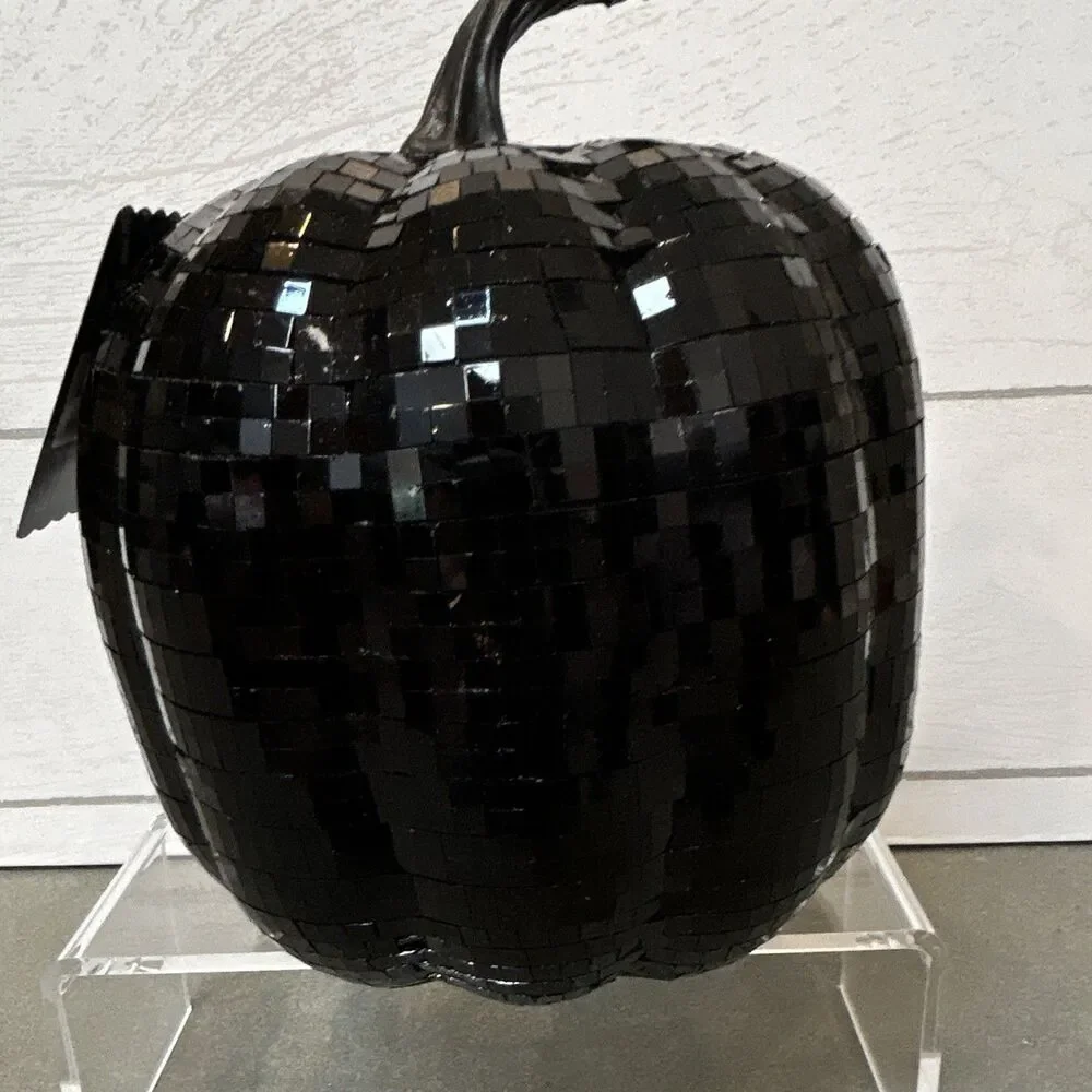 Ashland Halloween Black Glass Mosaic Pumpkin Tabletop Decor 8 in